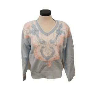 Vintage Jaclyn Smith Pullover Sweater Light Blue Beaded Shoulder Pads Size L